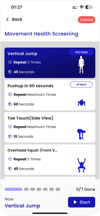 Mobile app screen showing movement health screening